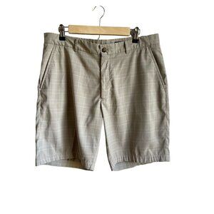Greg Norman Size 34 Tan White Plaid Performance Knit Golf Shorts Flat Front